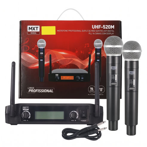 Microfone Sem Fio Duplo MXT UHF-520M Profissional para Igreja e Shows