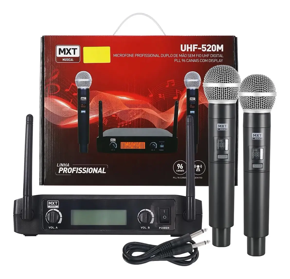 Microfone Sem Fio Duplo MXT UHF-520M Profissional para Igreja e Shows